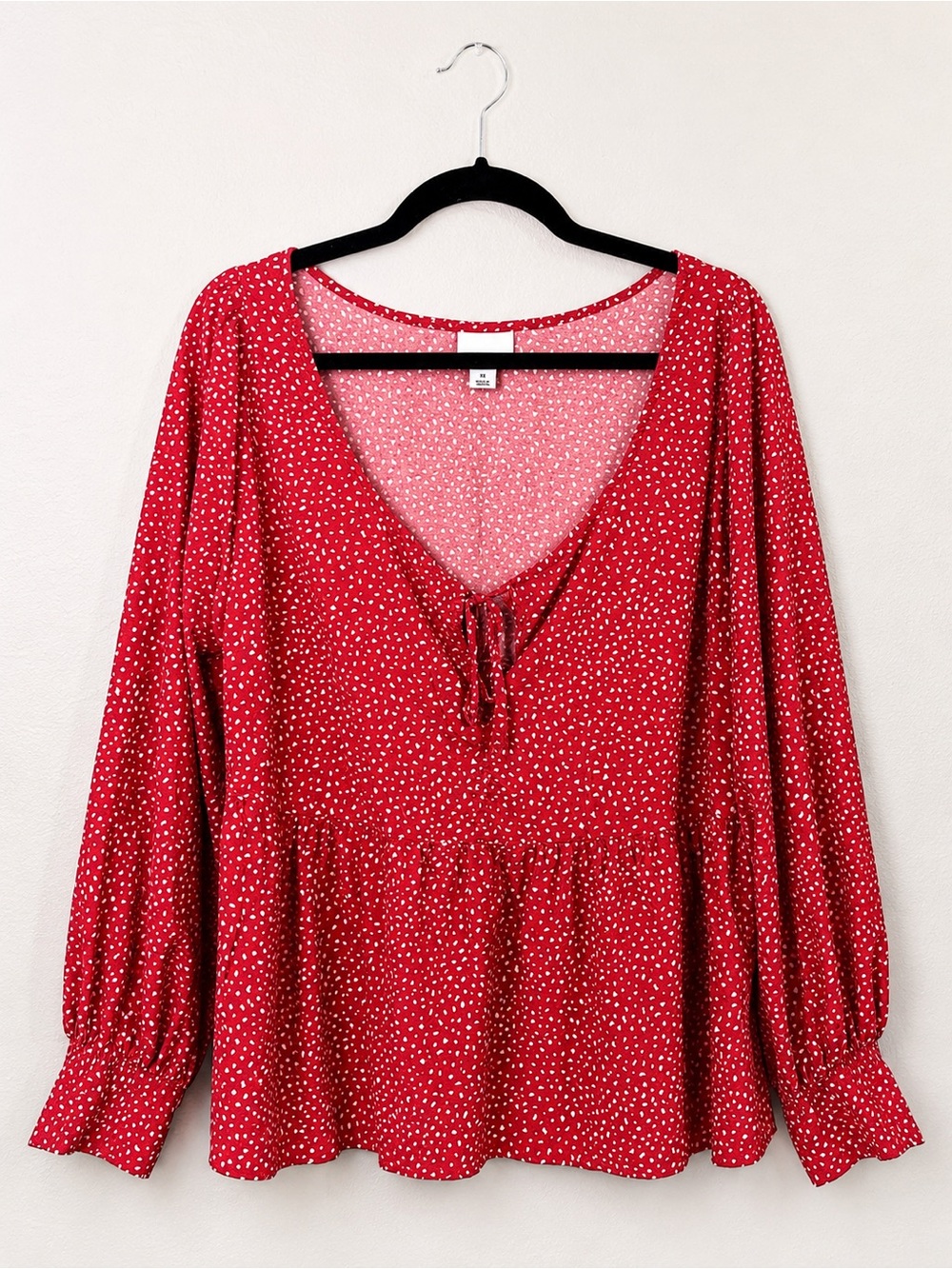 Ava & Viv Red Polka Dot Peplum V-Neck Blouse with Tie
